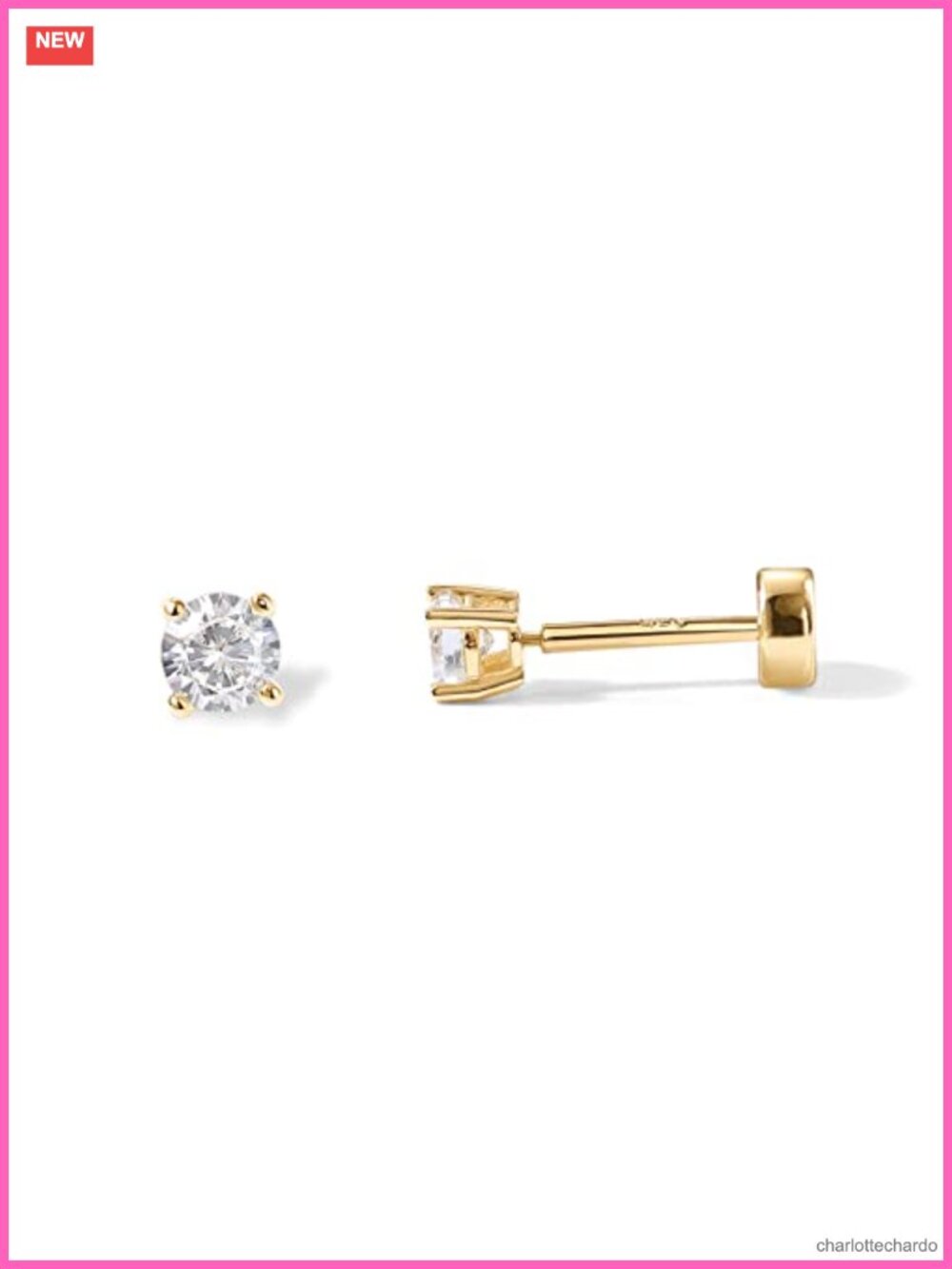 3mm CZ Flatback Stud Earrings Gold Plated Screw Back Hypoallergenic